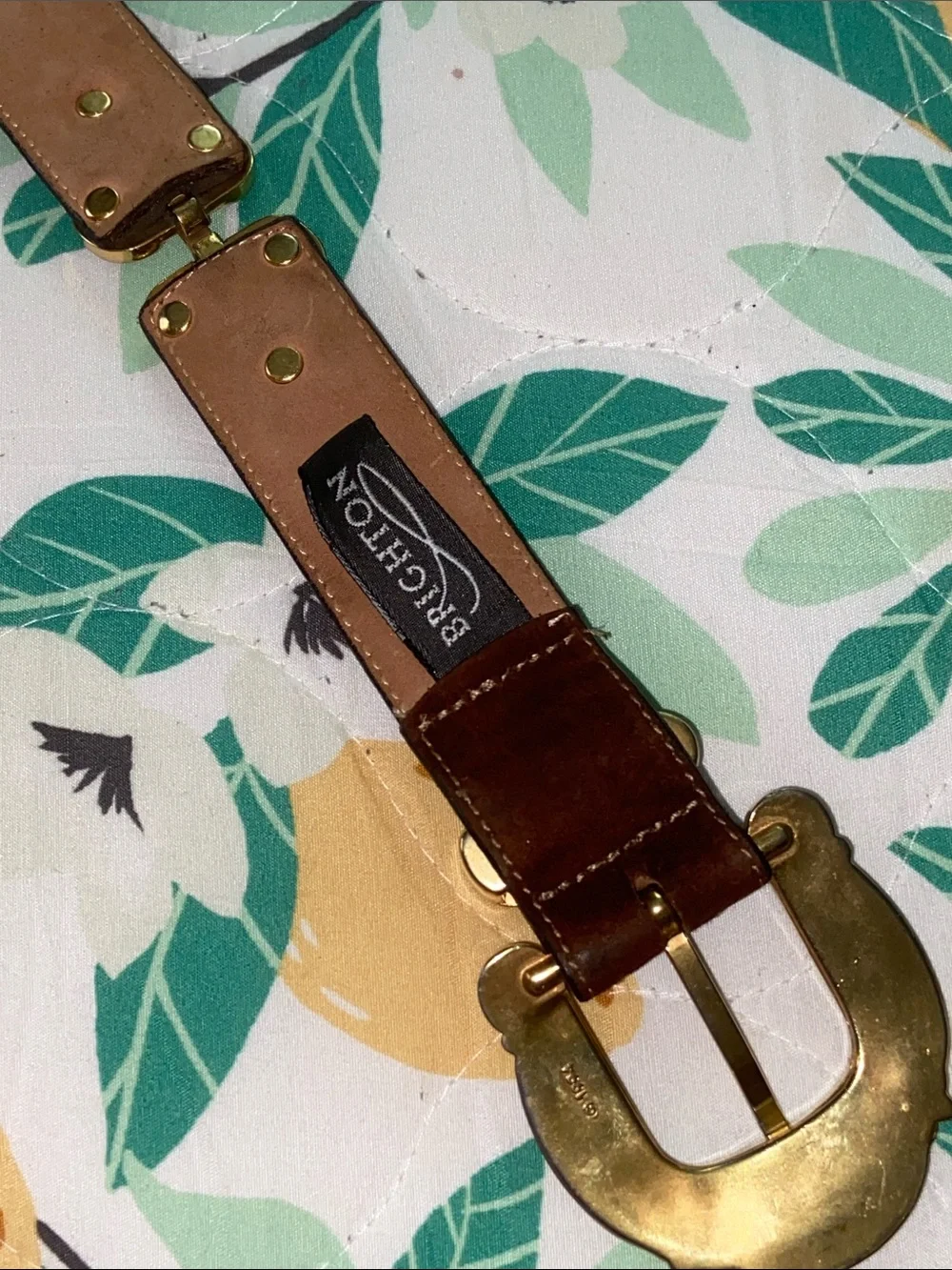 Vintage 90s Brighton TWEED HEARTS Brown Leather Link Belt Gold Ornate